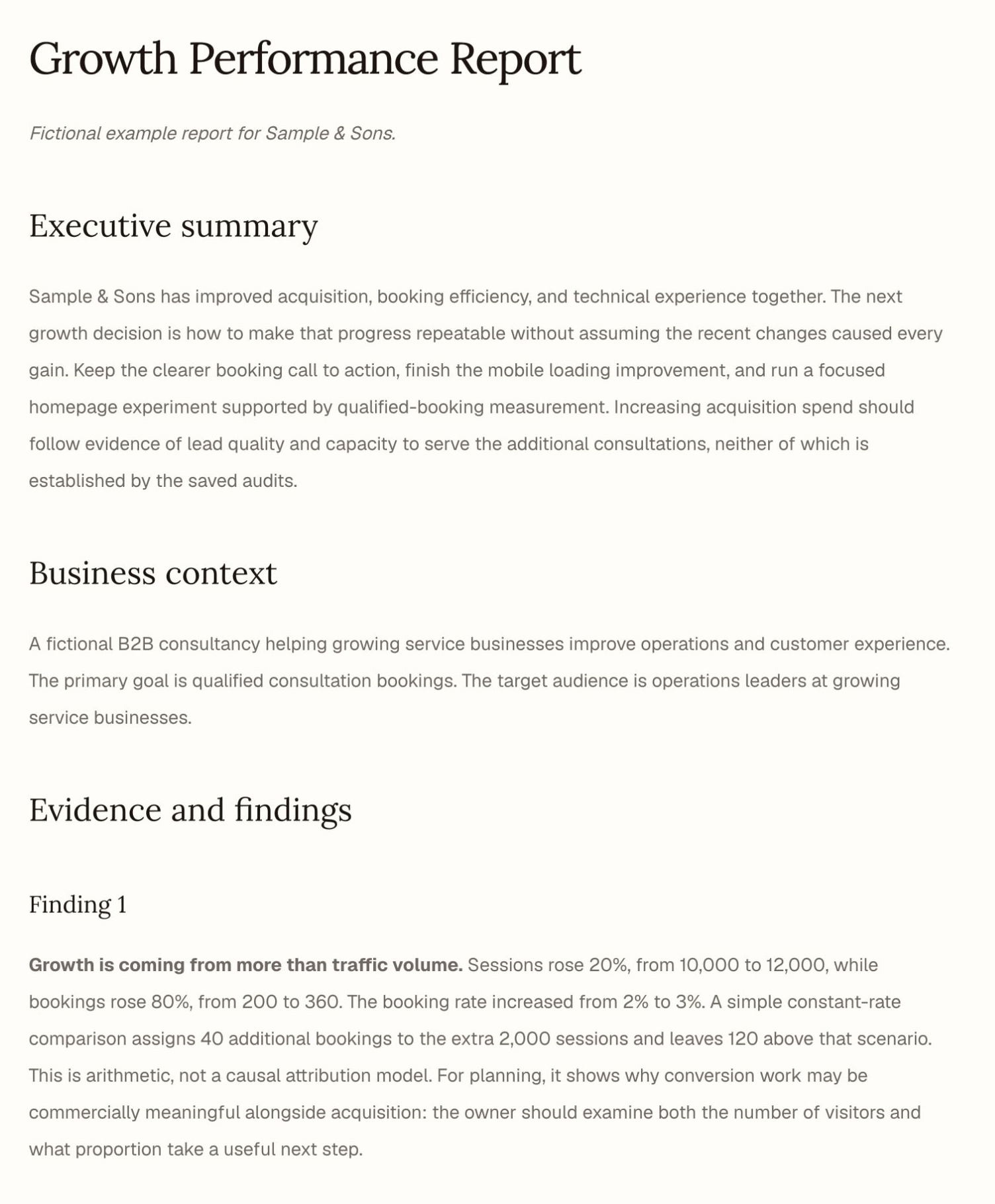 Growth Performance Report: a website-specific executive summary connects traffic, conversion, and technical experience to next steps.