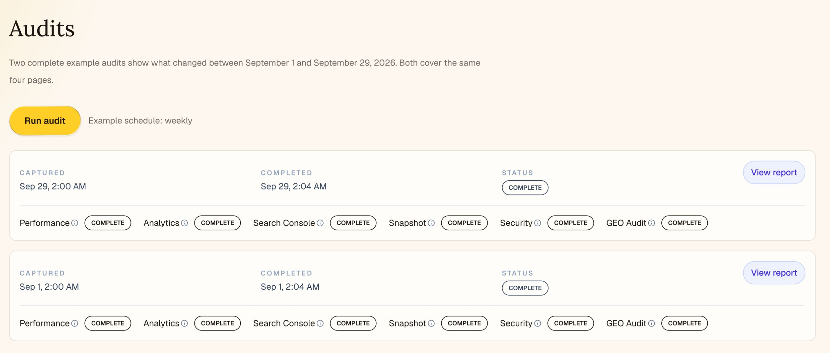 Sample & Sons saved audit history with completed reports and a weekly example schedule.